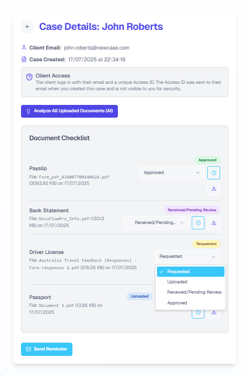 DocuFlow Pro case details page showing a document checklist with statuses like Approved, Requested, and Uploaded.